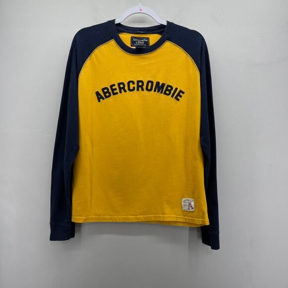 Y2K Abercrombie & Fitch Logo Muscle Raglan Shirt Mens Medium Yellow Navy Blue LS - Picture 1 of 6
